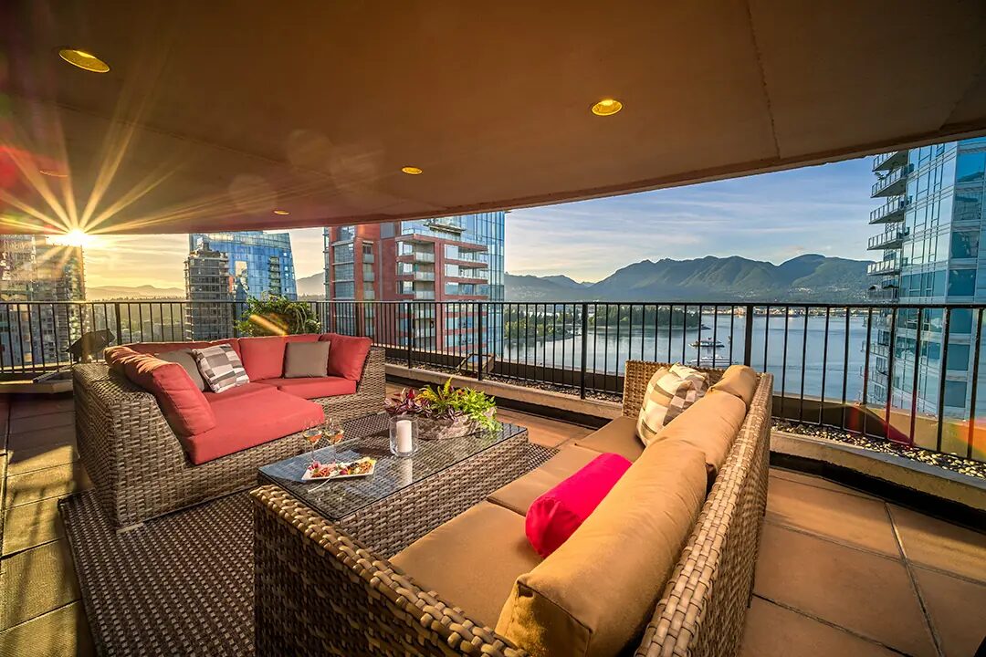 Coal Harbour Suite wrap-around patio with harbour views